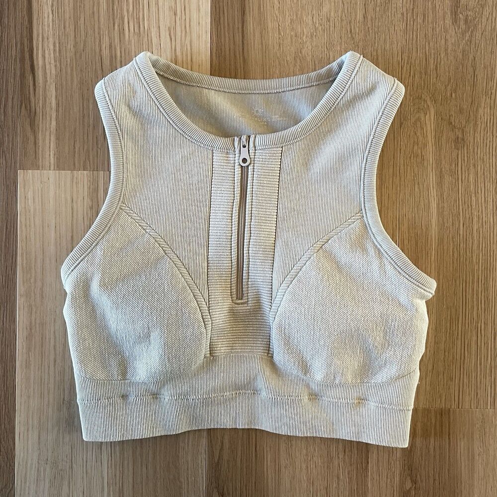 Aerie Offline Womens M Ribbed 1/4 Zip Sports Bra Crop Top Clean Girl Activewear